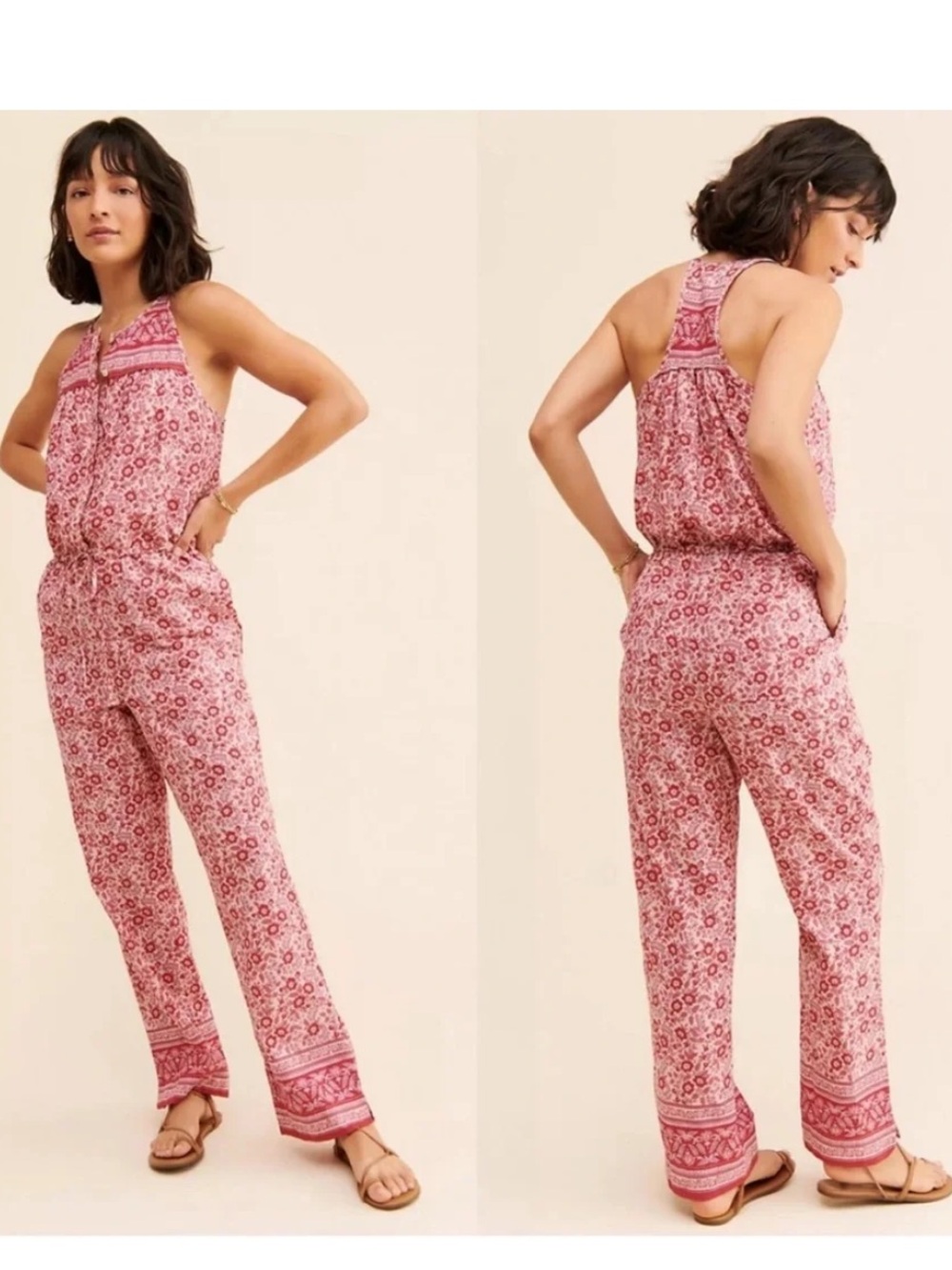 FAHERTY pink printed cotton lightweight gauzy jumpsuit large